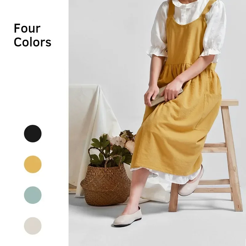 

Women Cross Back Apron Japanese Housework Baking Wrap Cotton Linen Florist Dress Literary Art Cotton and Linen Advertising Apron