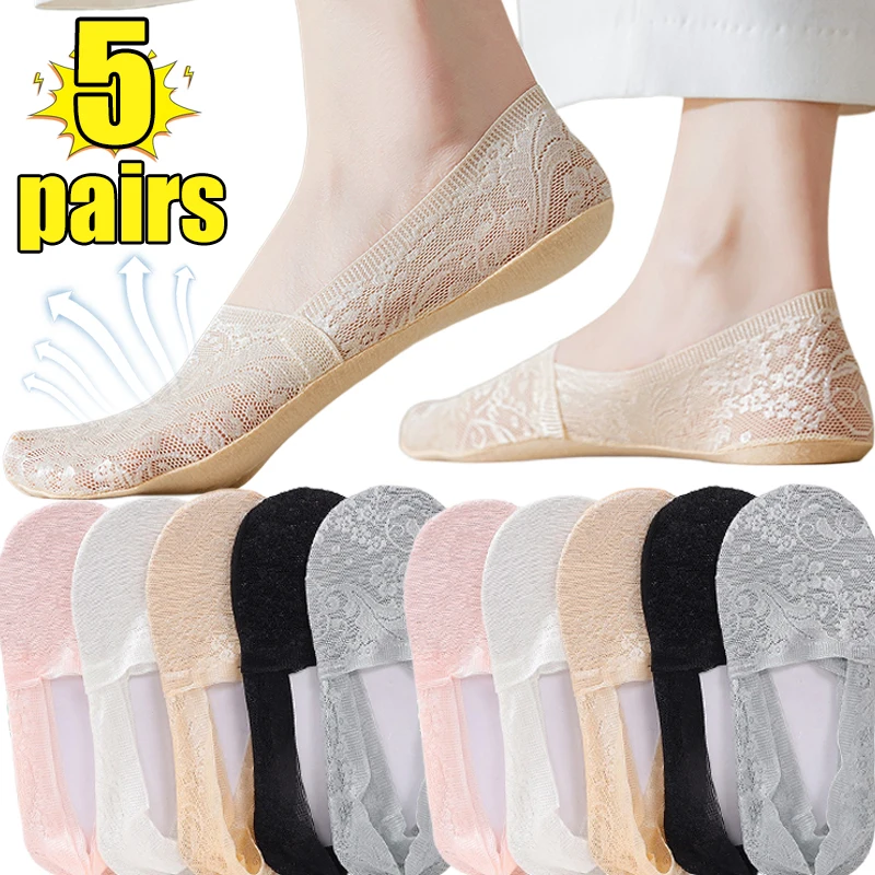 

Summer Sock Slippers Women Girls Anti-Slip Silica Gel Lace Flower Boat Socks Invisible Cotton Sole Non-slip Antiskid Short Sock