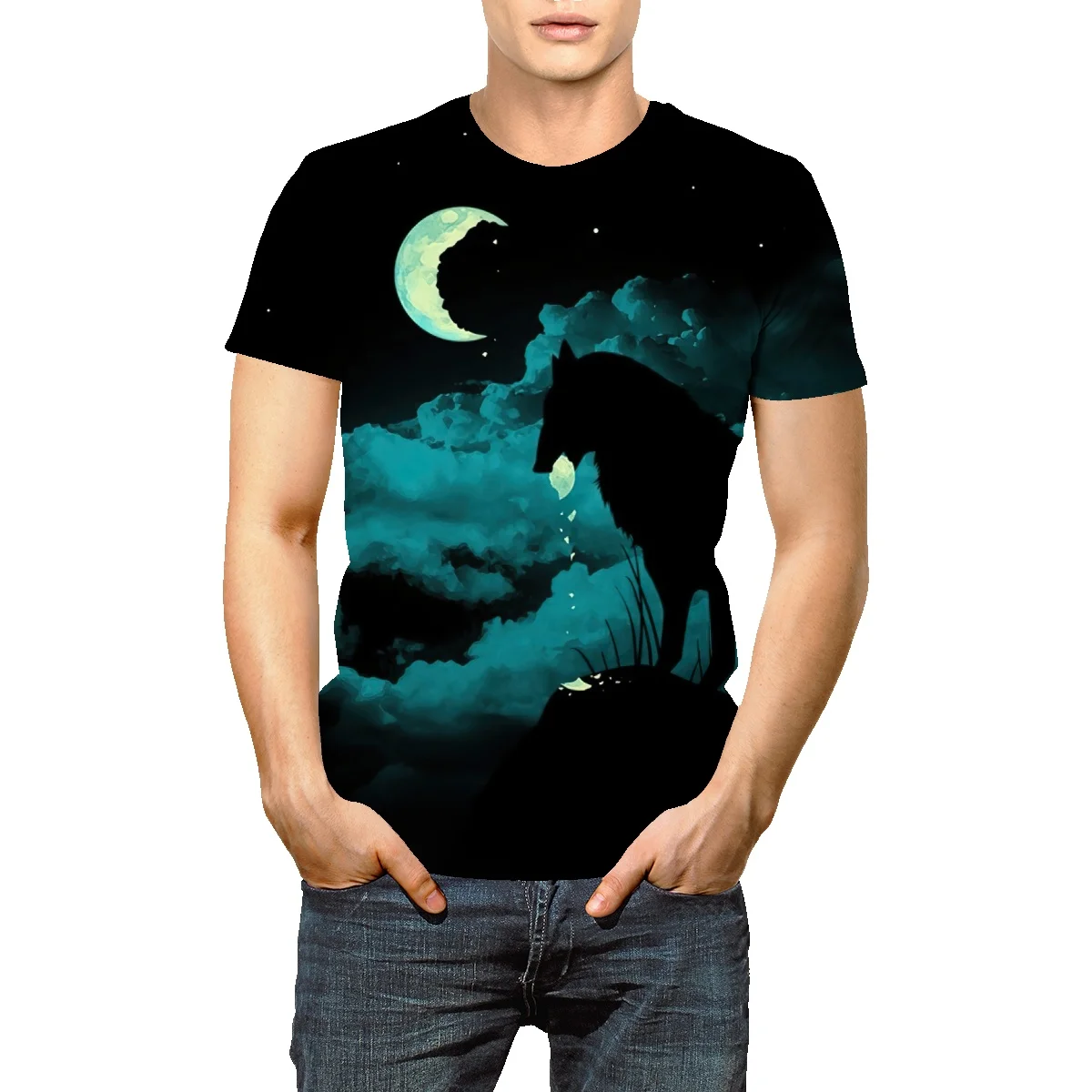 

Wolf Howling at the Red Moon VINTAGE retro men's short-sleeved T-shirt hiphop couple half-sleeve T-shirt