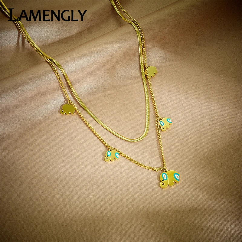 

LAMENGLY 316L Stainless Steel Lovely Elephant Pendant Necklace For Women New Retro Girls 2-Layer Chain Jewelry Birthday Gifts