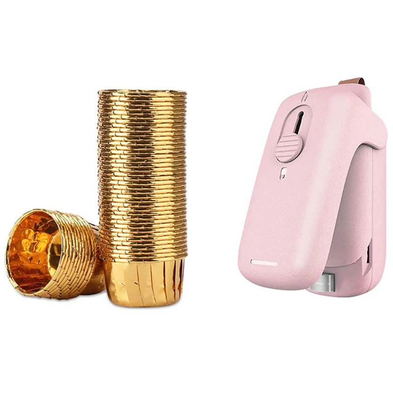 

50Pcs Aluminum Foil Cupcake Cups Disposable Muffin Liners Baking Cups & 1 Set Handheld Portable Bag Heat Resealer