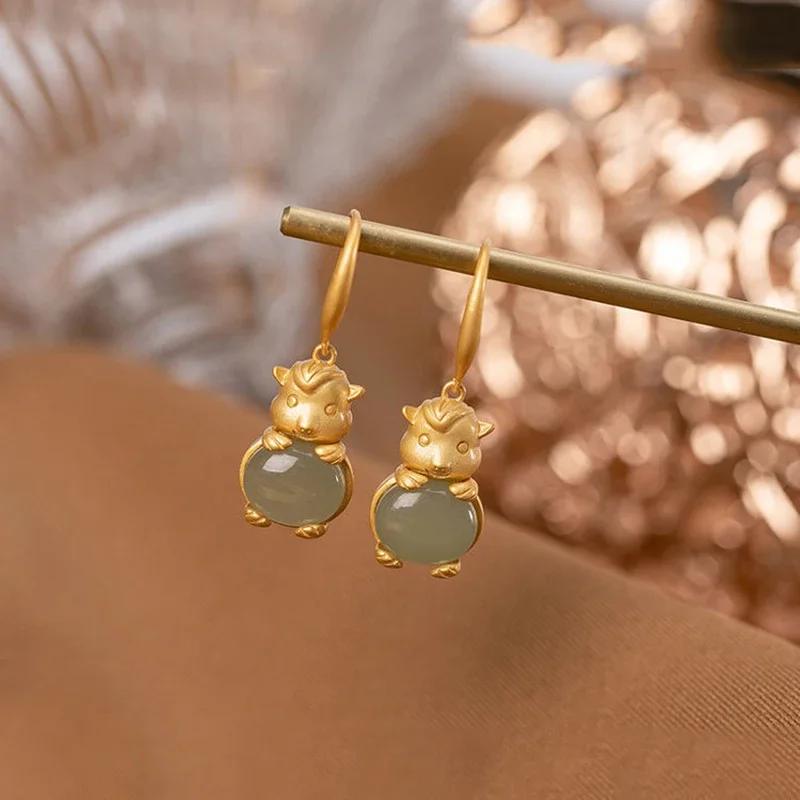 Старинное золото инкрустированные натуральной яшмой гетянь милые серьги в виде