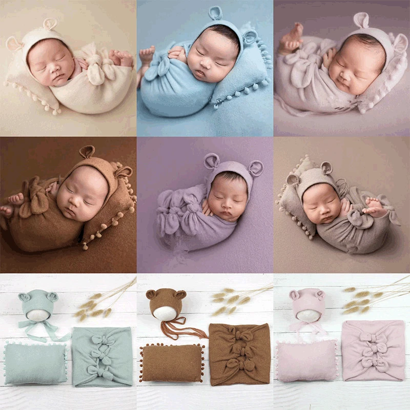 3pcs Set Newborn Baby Photography Wraps Swaddle Bear Hat Pillow Photo Costumes Studio Props Boys Girls Clothing Bows