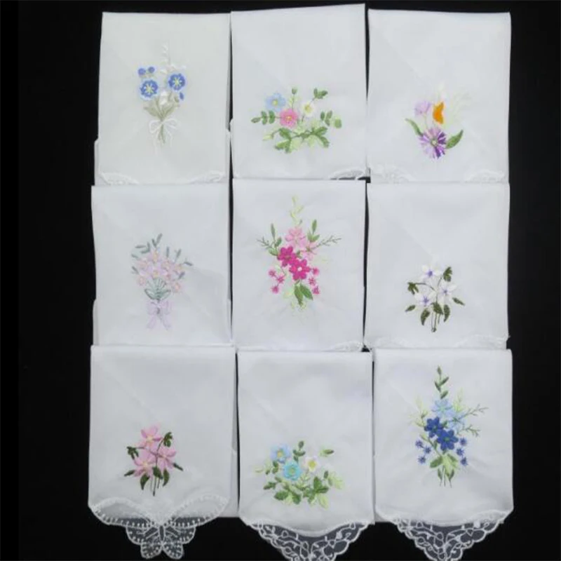 3PCS Luxury Cotton Women Hankies Embroidered Lace Flower Hanky Floral Random Color Cloth Ladies Handkerchief Fabrics images - 6