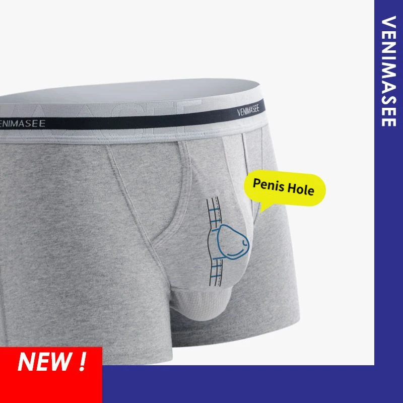 Man Foreskin Penis Hole Boxers Front Open Hole Bulge Dick U-Convex Underwear Double Layer Reduce Sensitivity Slip Panties Briefs