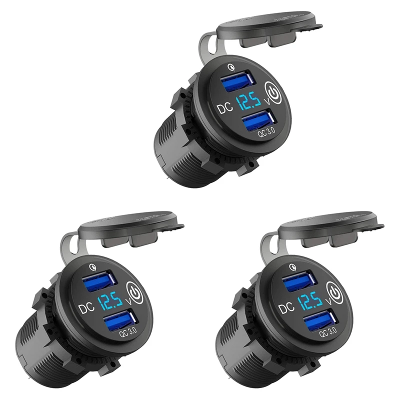 

3X 12V USB Outlet, Quick Charge 3.0 Dual USB Car Charger With Contact Switch And Voltmeter For 12V/24V Motorcycle Car