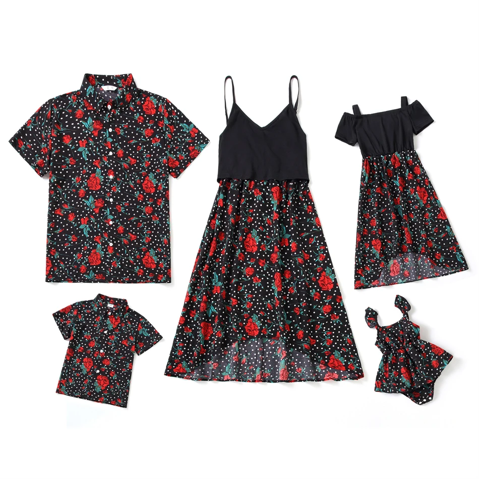 

Summer Family Set Flower Mother Daughter Matching Dresses Father Son Shirts Irregular Mommy and Me Clothes Baby Romper