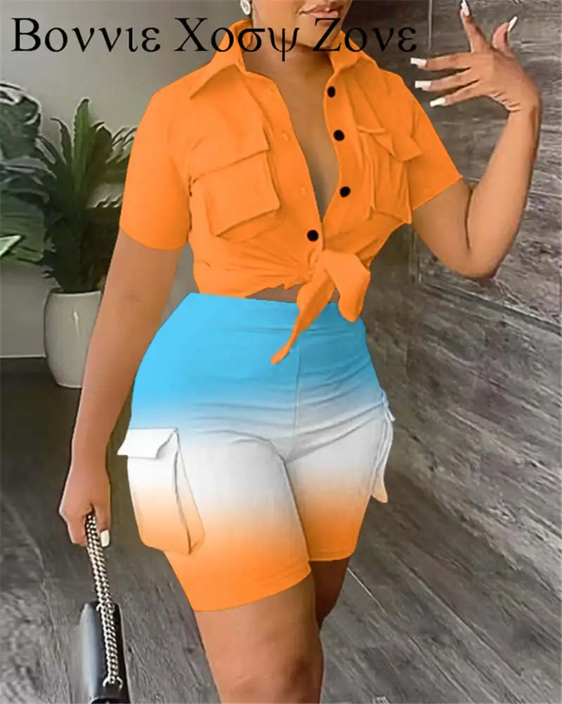 

Women Summer Turn-down Collar Short Sleeve Buttoned Pocket Design Top & Ombre Shorts Set