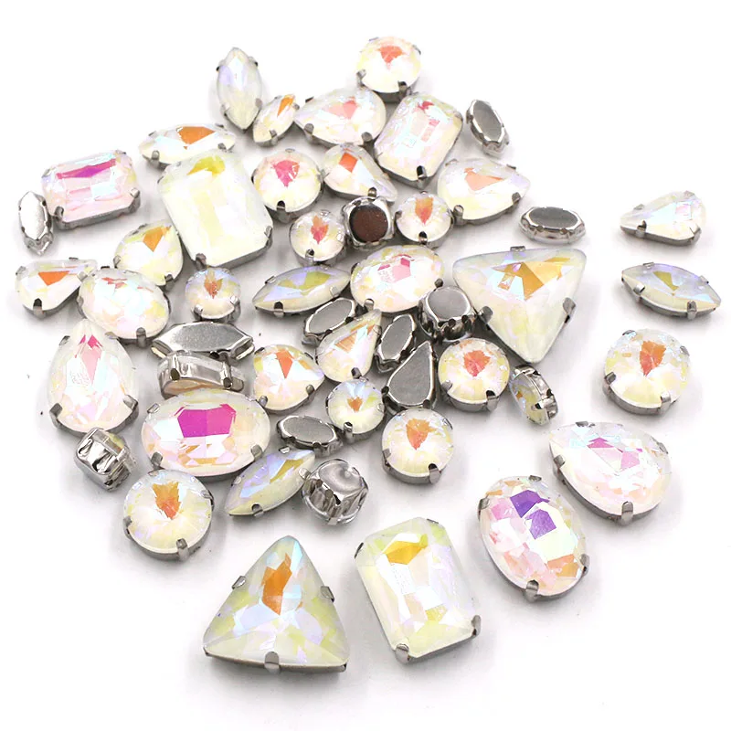 

Silver Claw Hot Sale White Mocha AB Color Mix Size Shape Sew on Crystal Glass Rhinestones For Wedding Dress Jewelry Making 50pcs