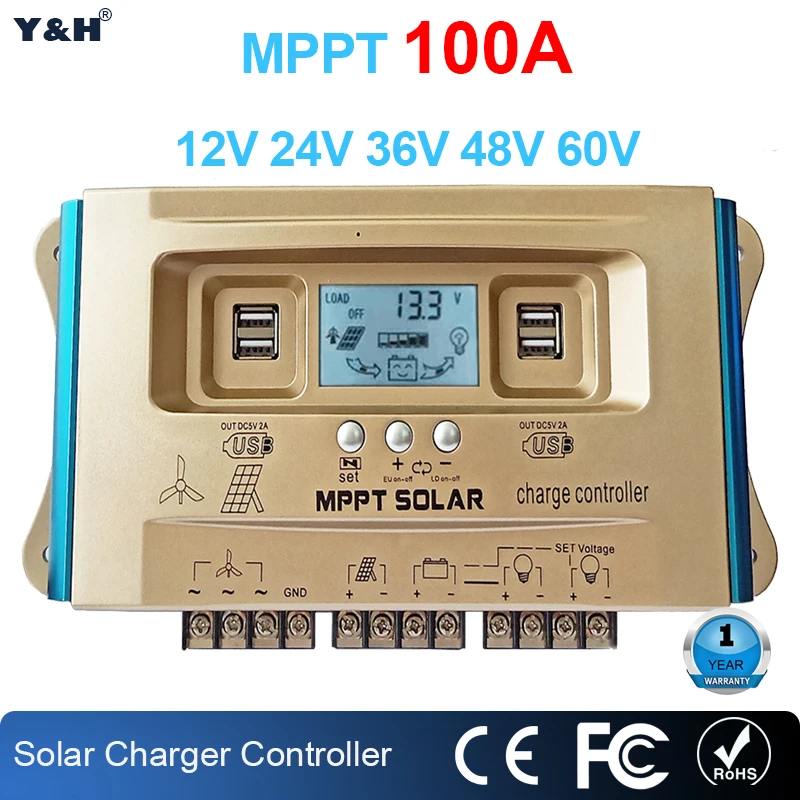 

Y&H 100A Wind Solar Hybrid Controller MPPT LCD Dual USB 12V 24V 36V 48V 60V Battery Charging Regulator