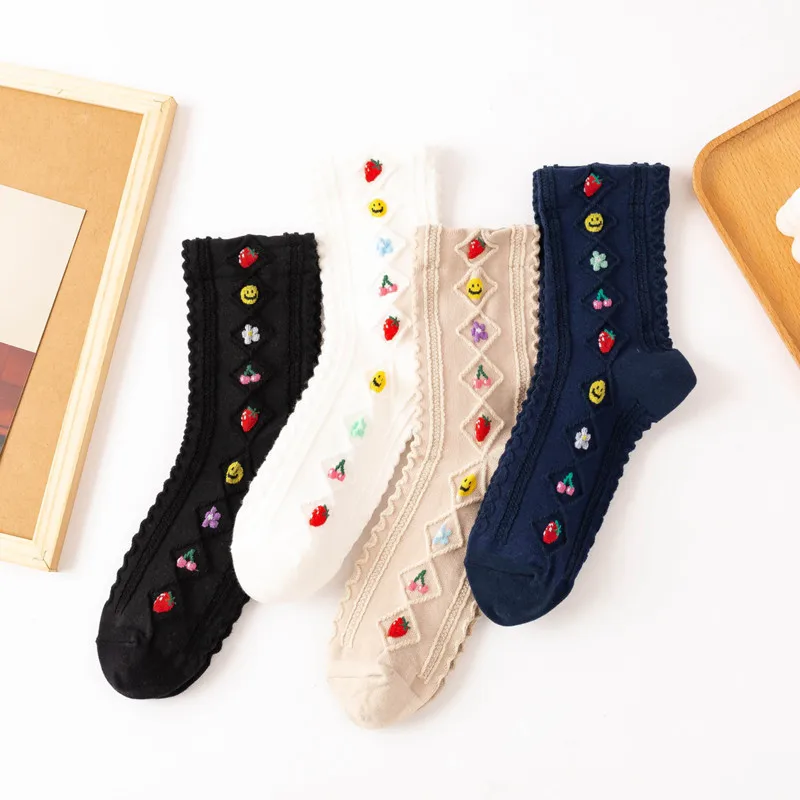 4pairs Spring  Autumn Socks Women's Tube Cotton Japanese JK Fruit Smiley Sweet Beauty Three-dimensional Embossed Flowers Piles