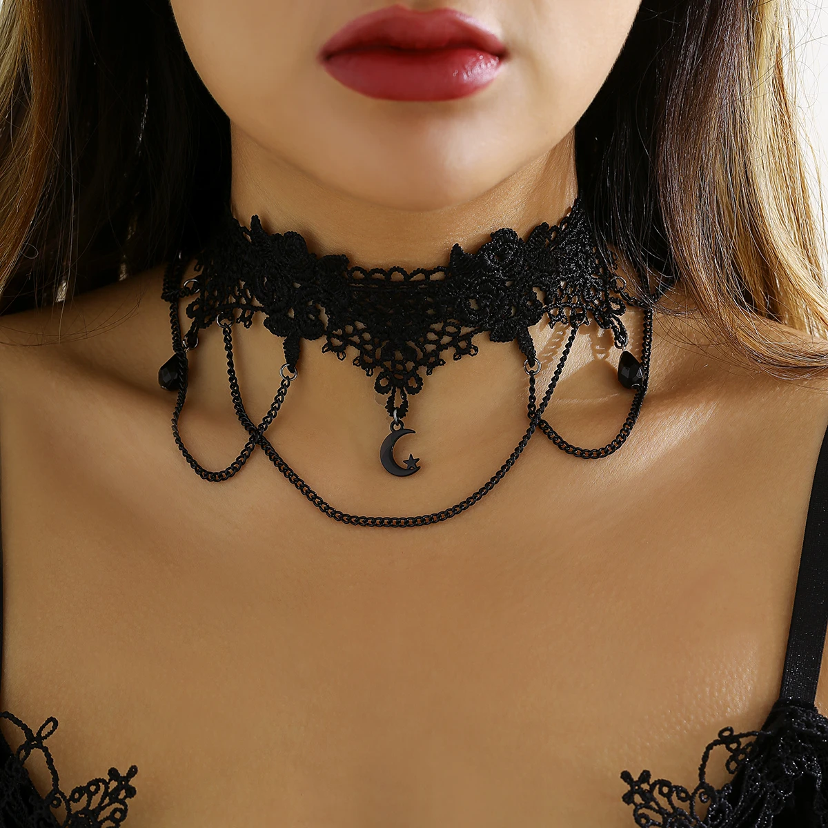 

Punk Black Lace Short Choker Necklace Collar for Women Gothic Layered Tassel Chain Necklace 2022 Fashion Ladies Jewelry for Neck