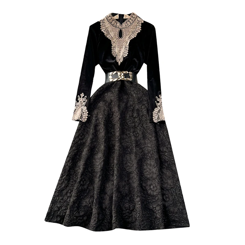 Платье женское кружевное ТРАПЕЦИЕВИДНОЕ с длинным рукавом и воротником-стойкой