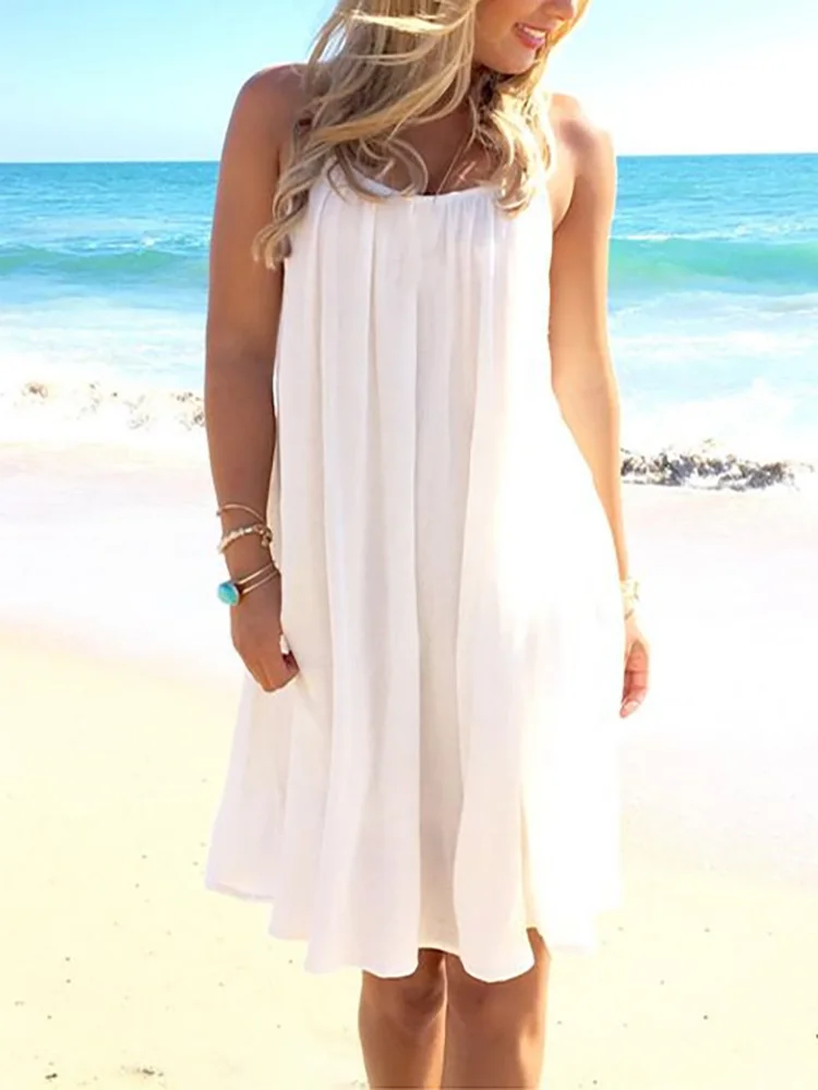 

Summer Women's Sleeveless Casual Style Polyester Material 2023 New Fashion Round Neck Wide Truffle Back Lace Strap Dress