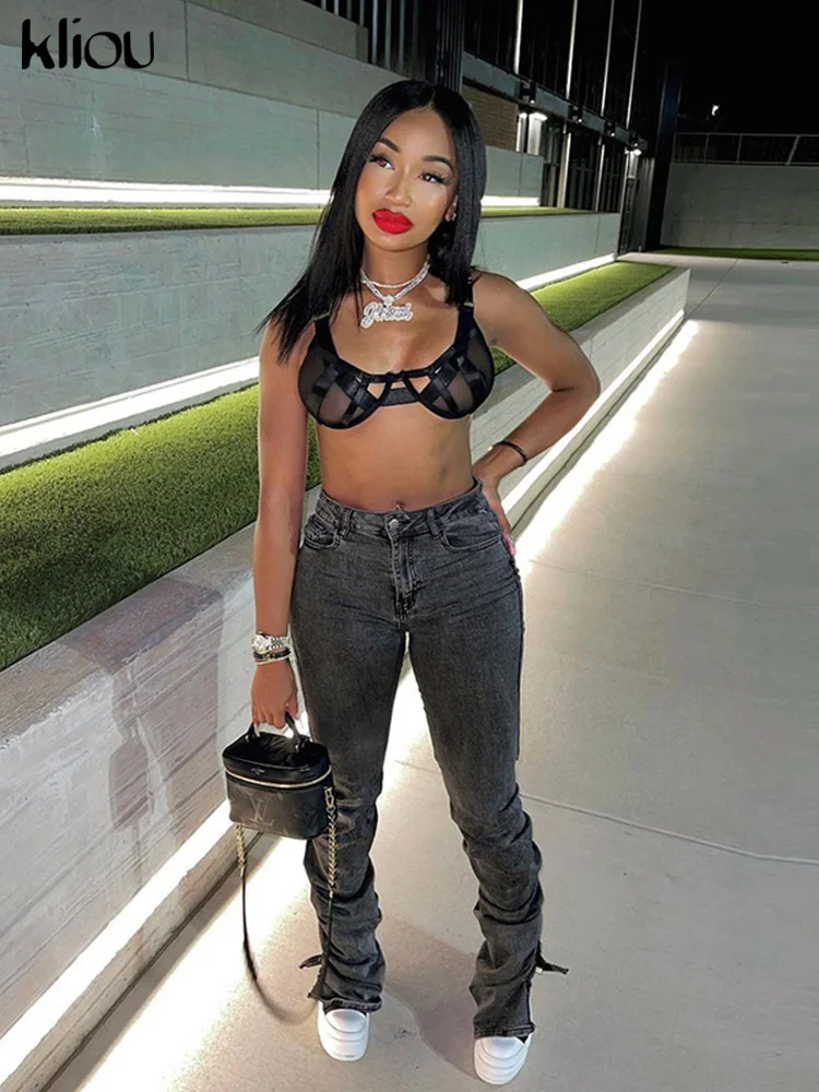 Kliou/женские хлопковые плиссированные джинсы с разрезом сбоку хипстерские