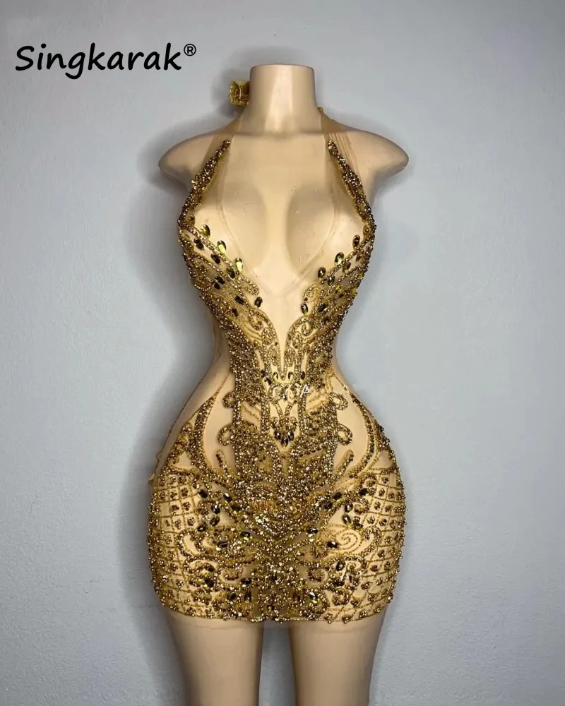 

Sparkly Gold Diamonds Mermaid Prom Dress For Black Girls Halter Glitter Bead Crystals Rhinestones Cocktail Party Gown Robe