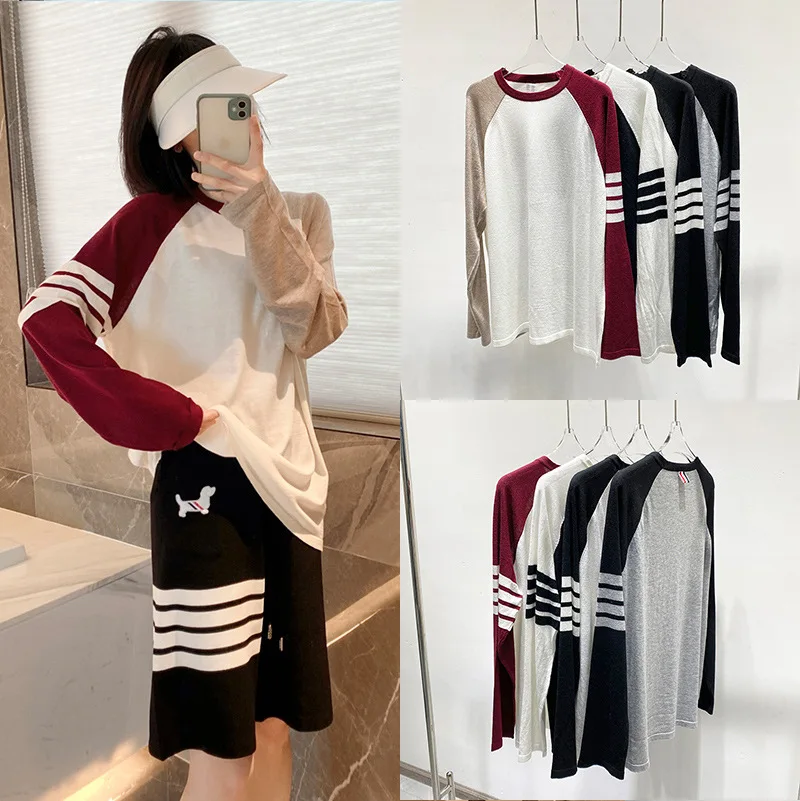 

High quality Spring and Autumn 2023 New Wool Paneled Long-sleeved T-shirt Women's Loose Color-block Undershirt Underneath Top