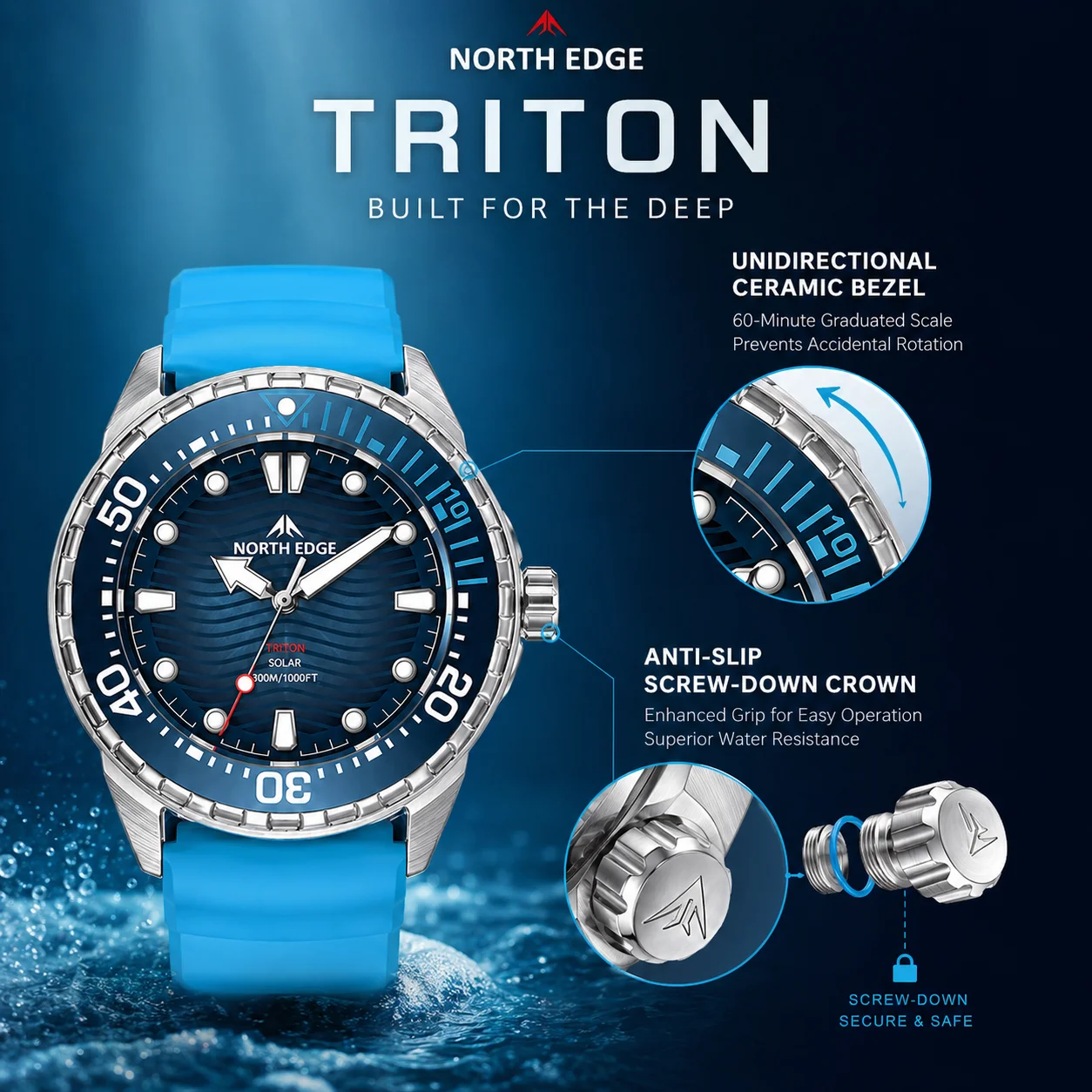 Фото Мужские цифровые часы North Edge TRITON для дайвинга и активного отдыха, с солнечной зарядкой, водонепроницаемость 300 м, готовы к приключениям №5