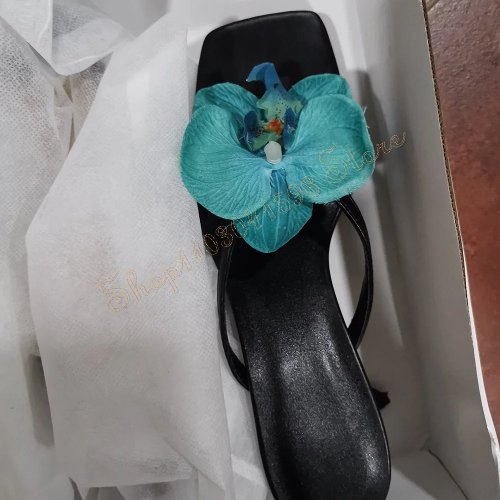 Шлепанцы с квадратным носком черные цветочные украшения искусственная кожа