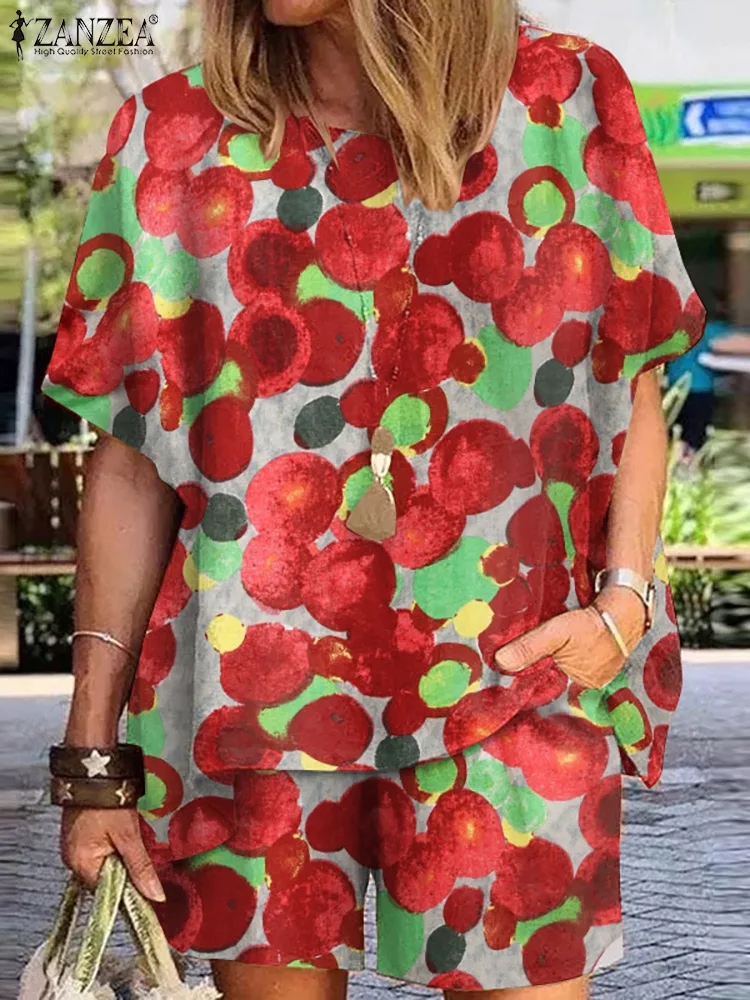 

ZANZEA Bohemian Fashion Casual Wide-legged Pant Summer Floral Printing Matching Sets 2PCS Women Half Sleeve O-Neck Pocket Blouse