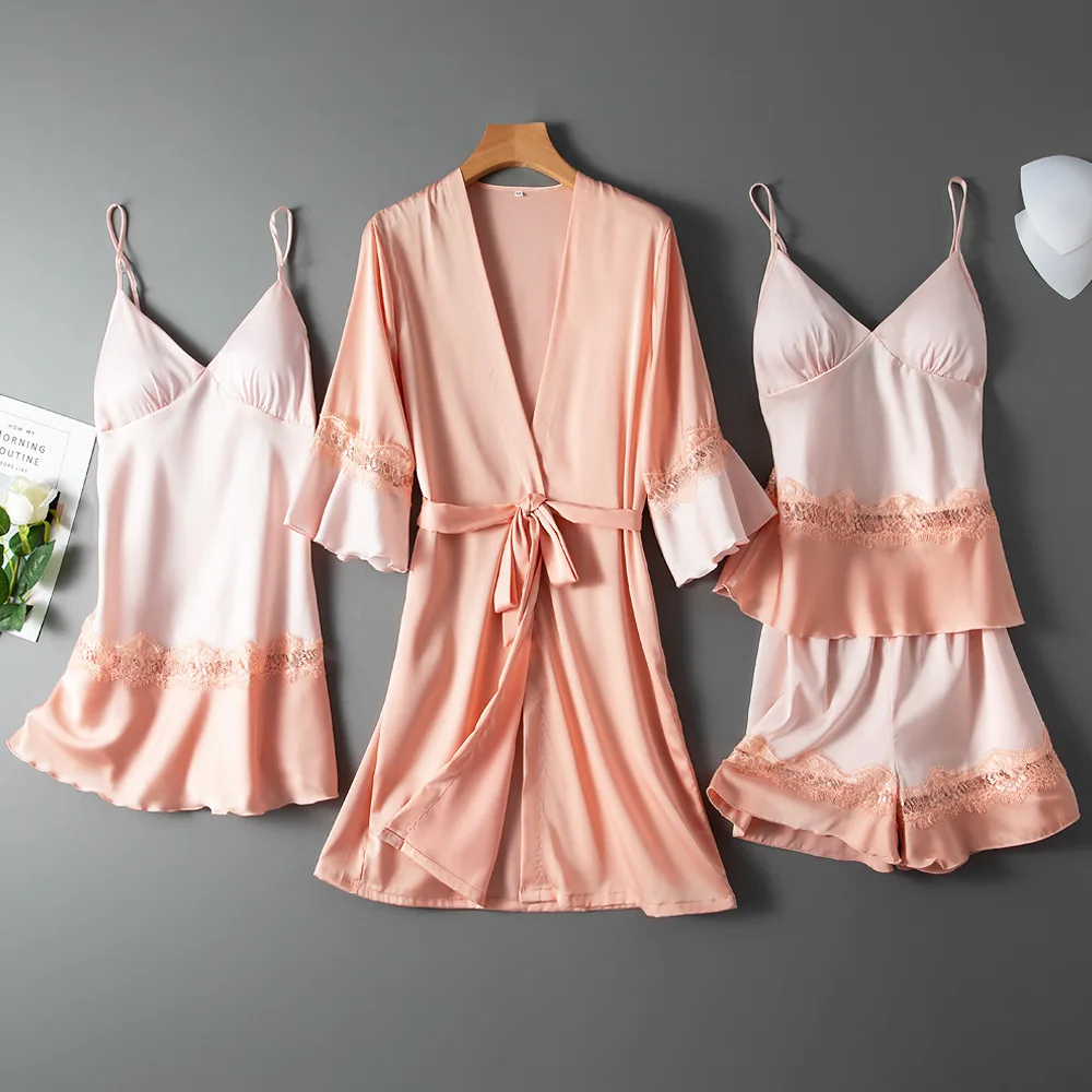 

4PCS Satin Robe Pajamas Set Hollow Out Lace Patchwork Kimono Bath GownWomen Soft Pyjamas Nightgown Autumn New Home Clothes