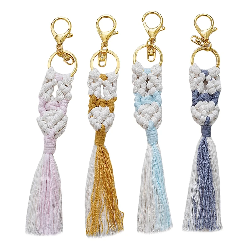 

Брелки для ключей Mini Macrame в стиле бохо, 4 шт., плетеная Сумочка с кисточками, ручной работы, аксессуар для автомобильных ключей