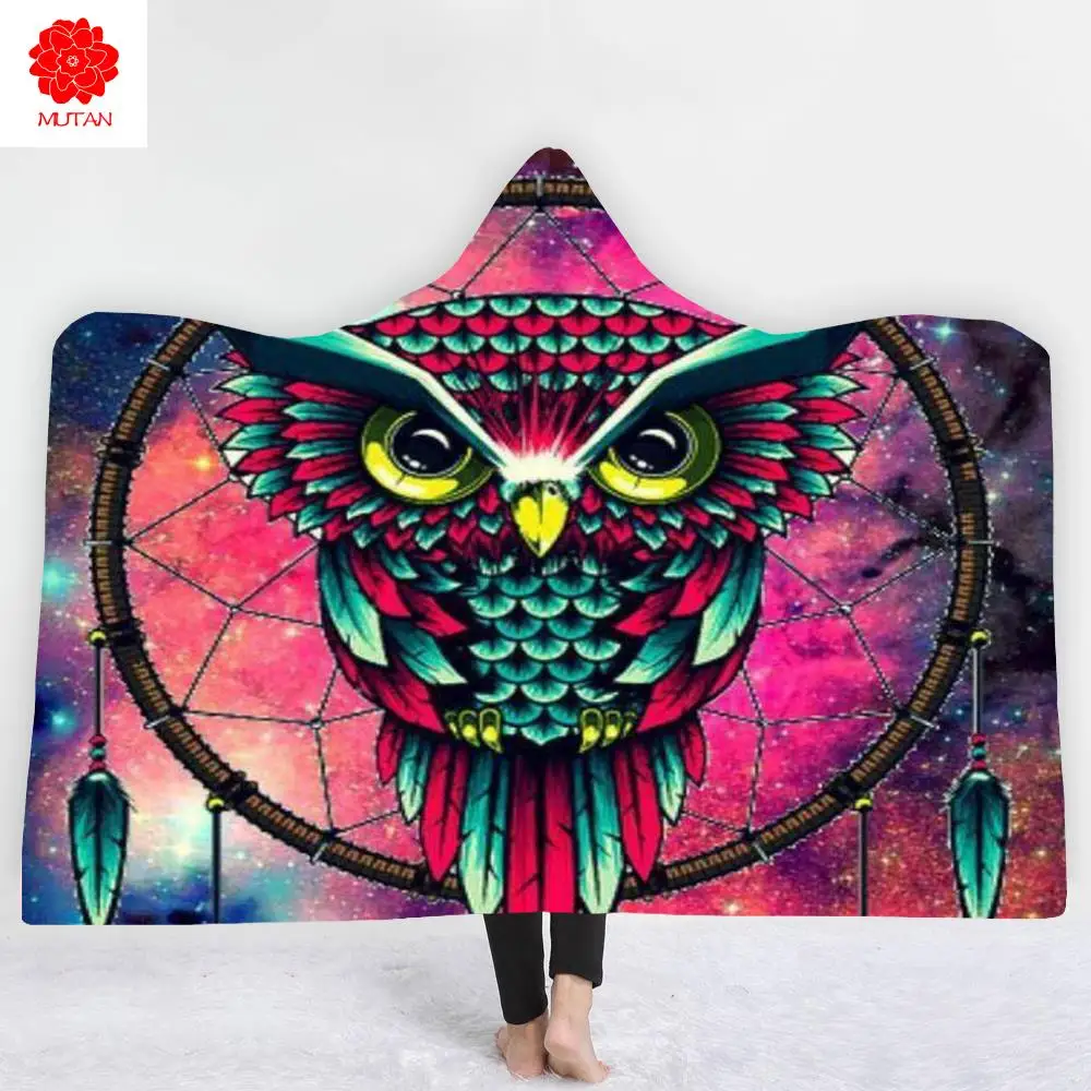 

Одеяло с капюшоном для взрослых и детей, шерстяное теплое одеяло с 3D принтом сов и перьев, для школы, дома, путешествий, пикника, переносное
