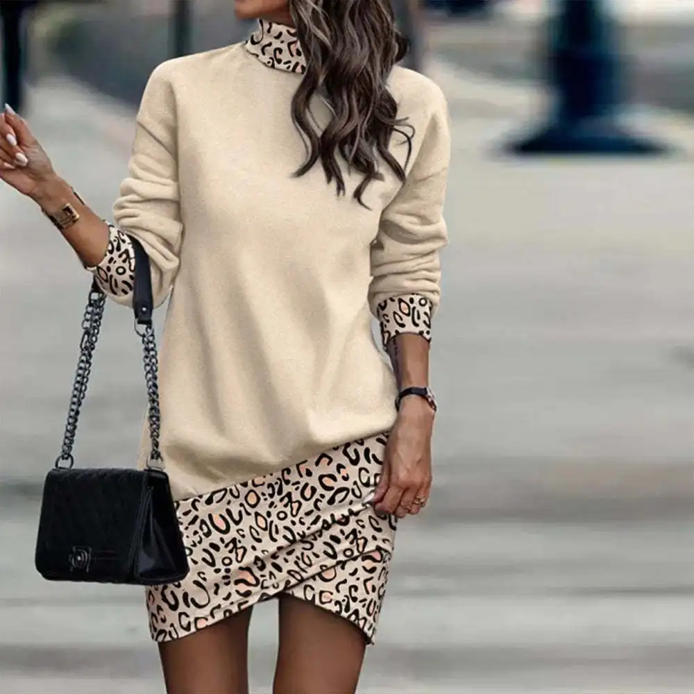 

Women Dress Turtleneck Autumn Long Sleeve Elegant Bodycon Dresses Fashion Leopard Print Outfit Female Casual Winter Clothes