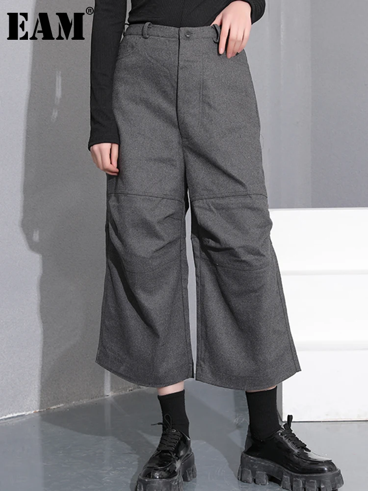 

[EAM] High Waist Gray Brief Pleated Long Wide Leg Trousers New Loose Fit Pants Women Fashion Tide Spring Autumn 2023 YA77402