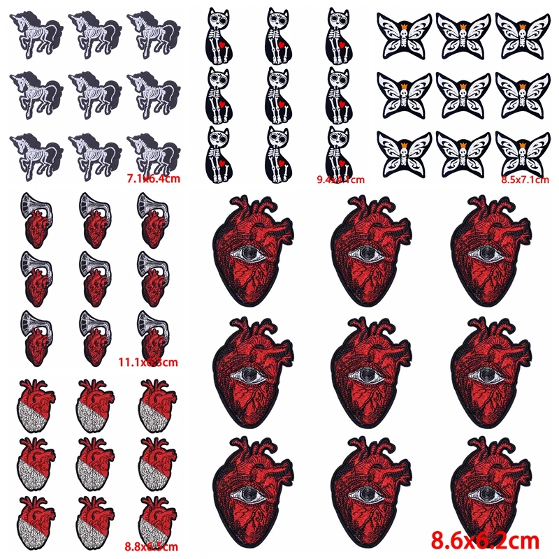 

10 pcs/lot Wholesale Heart Patch Iron On Patches On Clothes Punk Skull Embroidered Patches For Clothing Stickers Sewing Patch