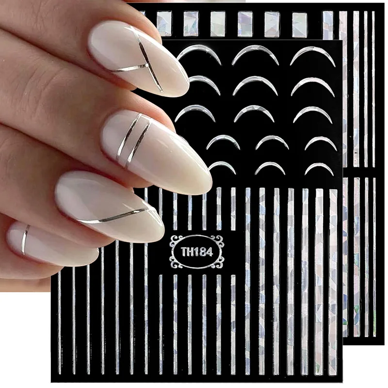 

6pcs Holographic Silver Wave Lines Nail Stickers 3D Star Moon Laser Nail Decals Metal Geometry Stripe Nail Art Sticker Manicure