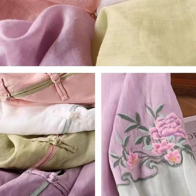 Женская хлопковая блузка с круглым вырезом рукавом 2024 и цветочной вышивкой