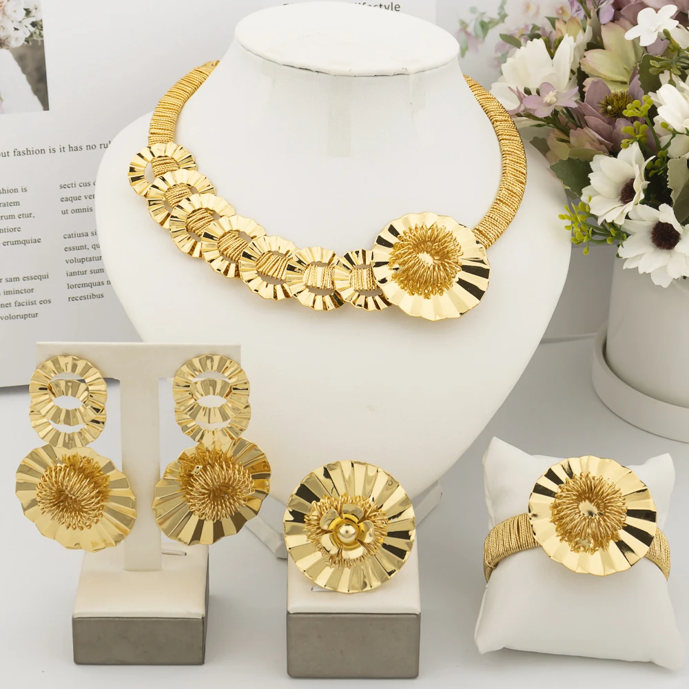 

Big Sunflower Jewelry Set Dubai Design Earring Nigeria Gold Color Necklace Bracelet Gold Plated Accessorie Party Gift