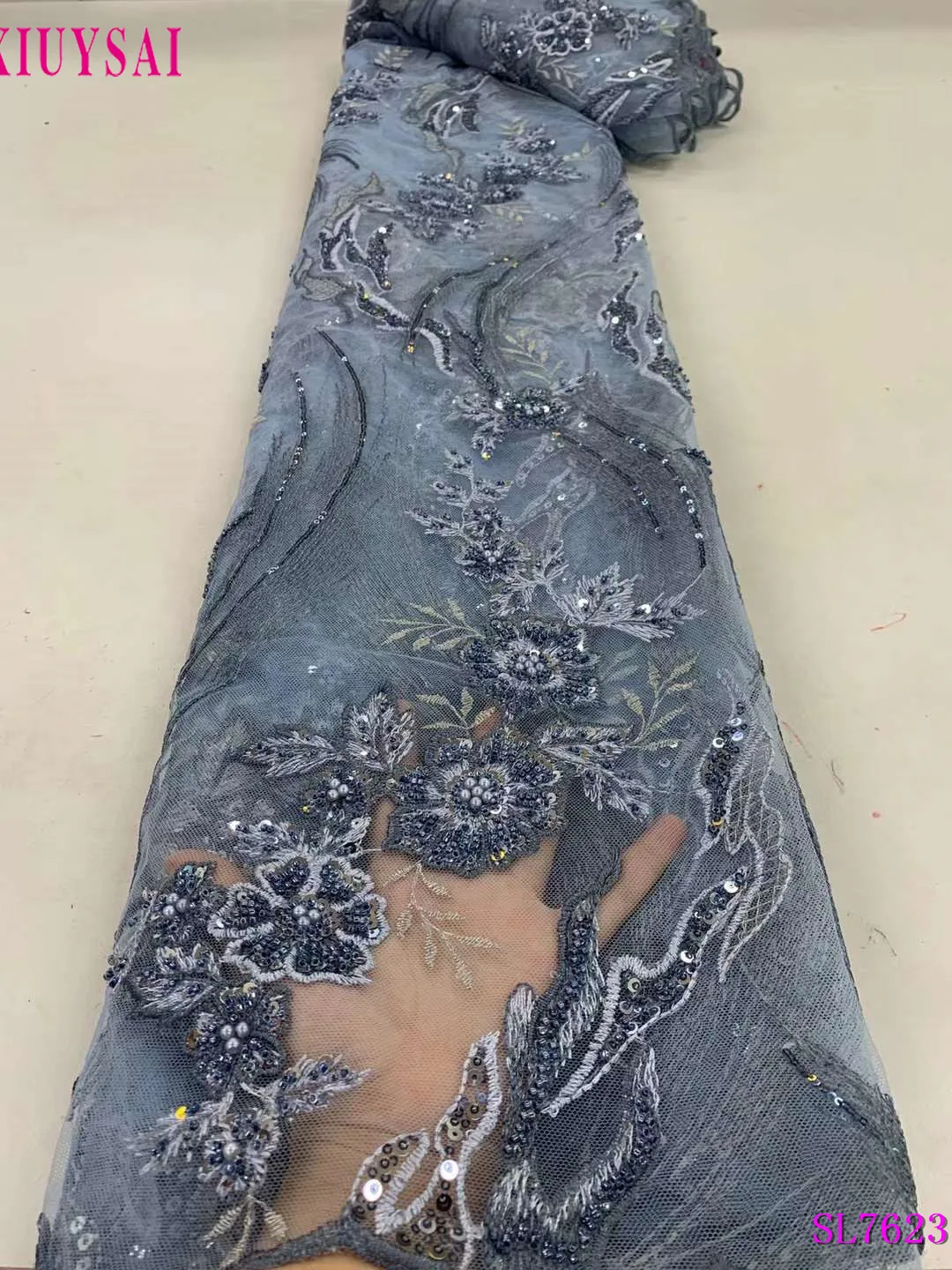 

XIUYSAI Luxury African Mesh Blue Fabric Embroidery Beaded Lace Fabric France Sequins For Nigerian Sewing Wedding Dress