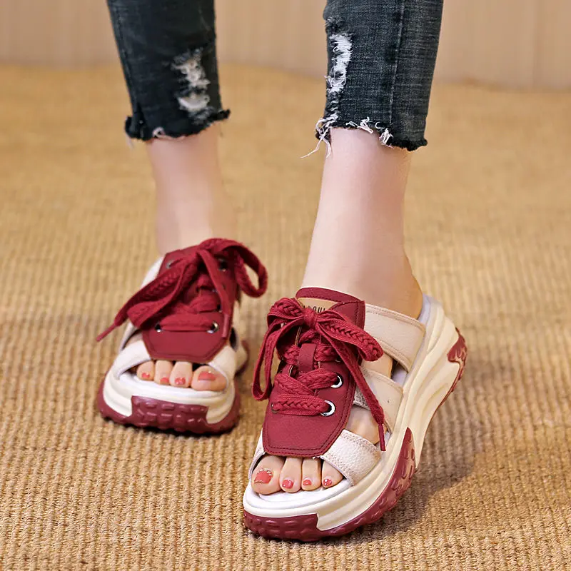 Thick Bottom Casual Sandals Women's 2023 Summer New Soft Bottom Non-Slip Lace-up Dad Shoes All-Match Sports Flip Flops