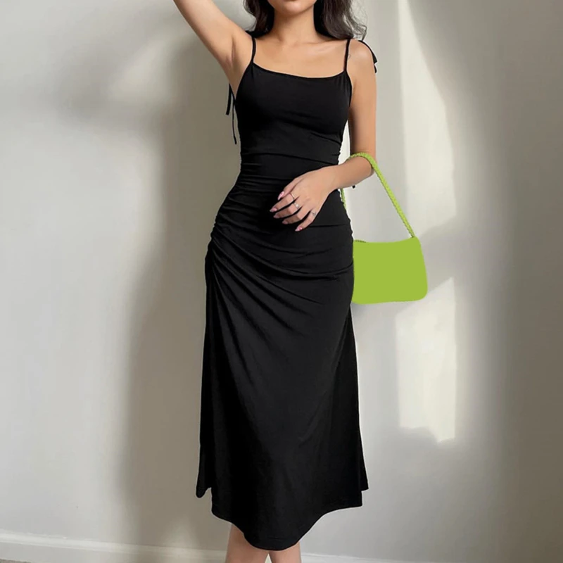 

Ladies Fashion Dress Folds Female Sexy Black Dress Elegant Party Summer Backless Long Dresses Women Vestidos Robe