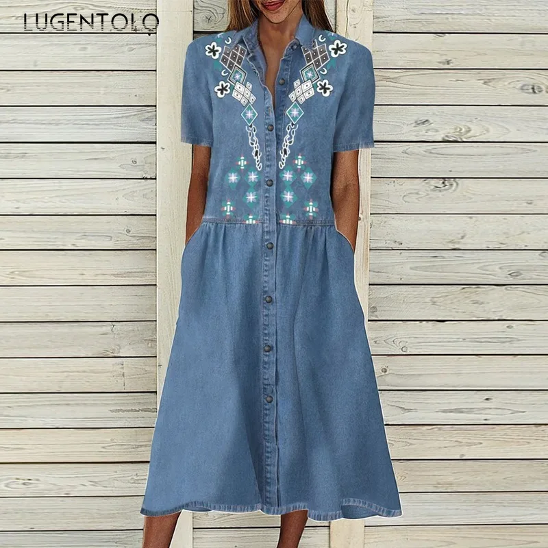 

Women Print Denim Dress Lapel Single-breasted Short Sleeve Female Casual Loose Big Swing New Spring Pocket Clothing Lugentolo