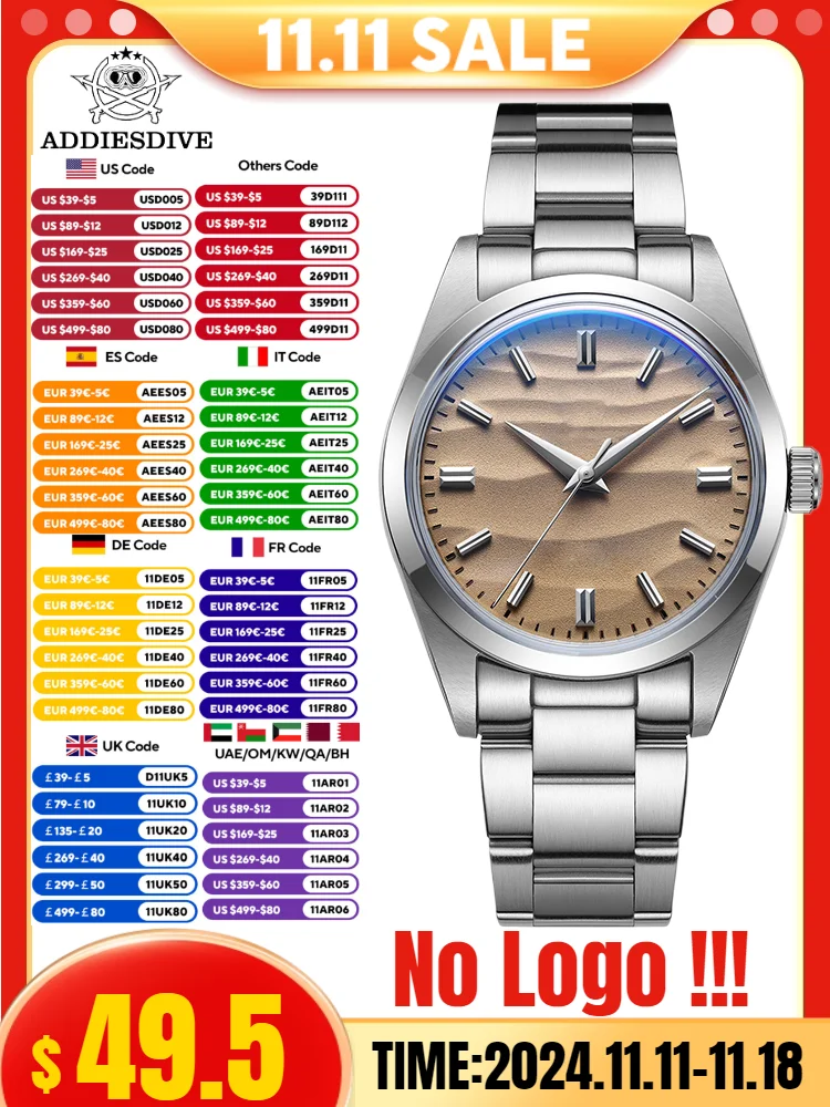 ADDIESDIVE 36 мм AD2030 без логотипа мужские часы пустынный циферблат из нержавеющей