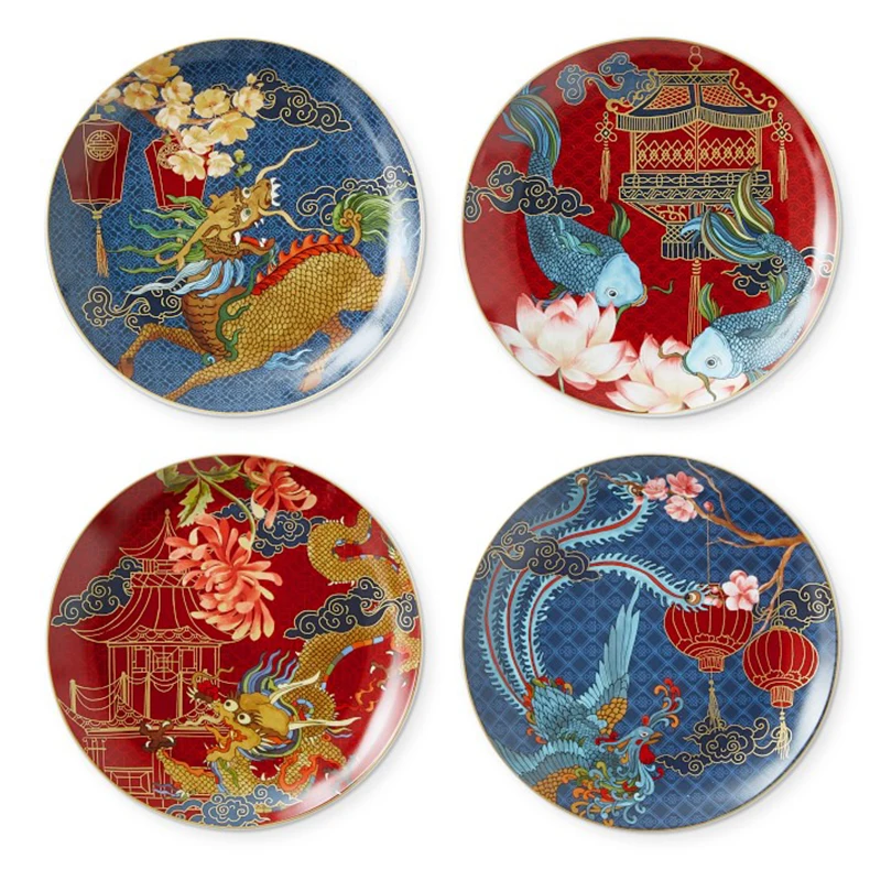 

Chinese Painted Dragon Phoenix Ceramic Plate Vintage Afternoon Tea Underglaze Cake Dessert Plates Fruit Dishes Home Tableware