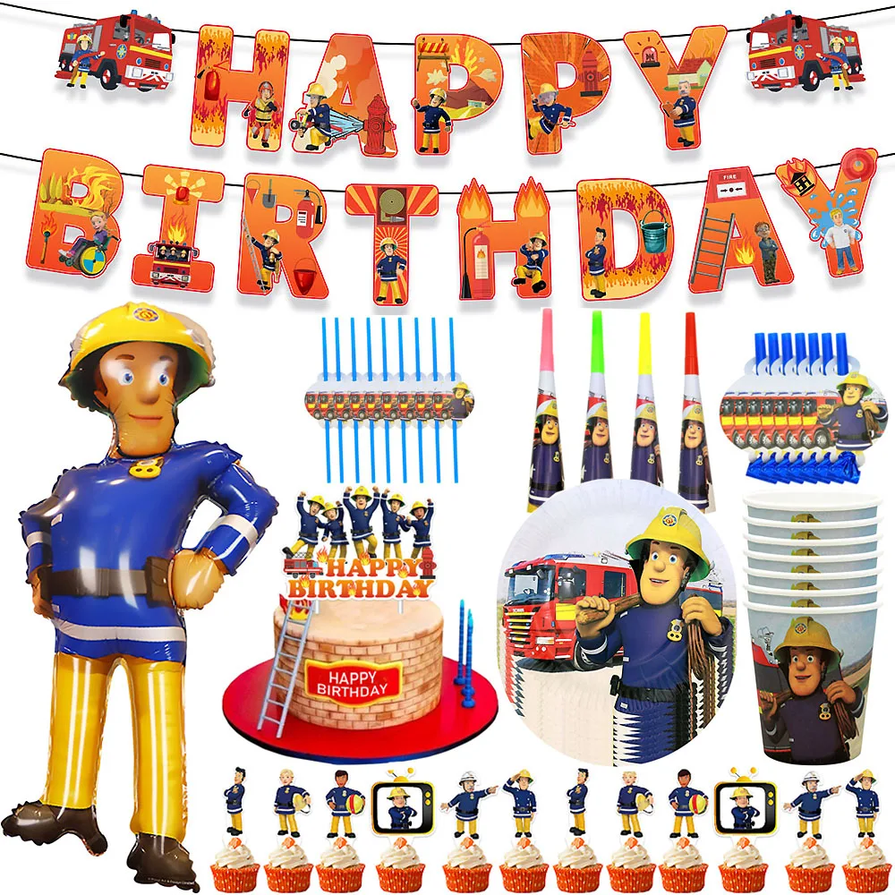 

Fireman Sam Theme Birthday Party Tableware Plates Cups Fire Truck Balloon Banner Boys Firefighter Themed Party Decor Supplies
