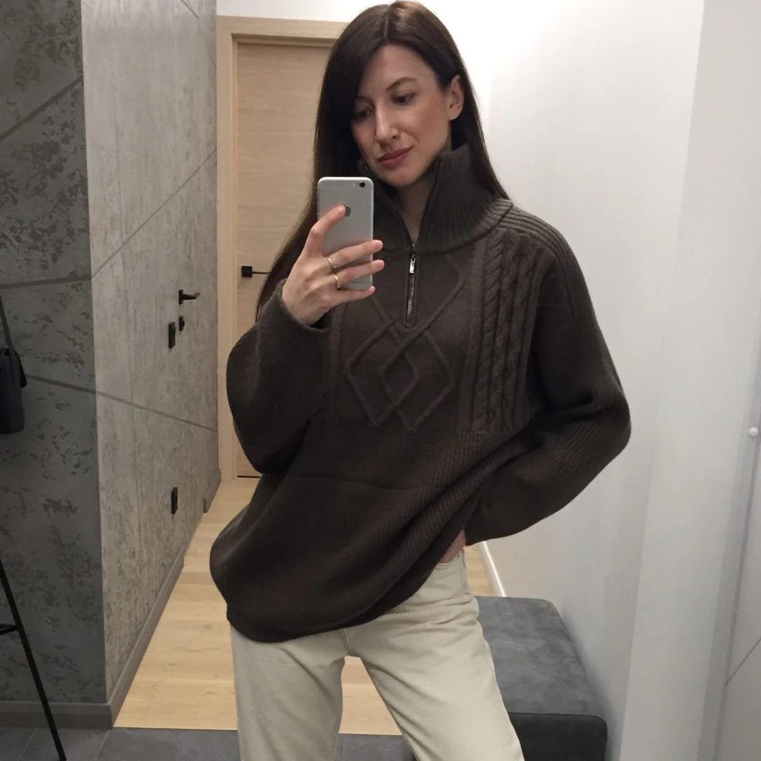 

Women's Thick Warm Knitted Pullover Brown Khaki Color Long Sleeve Sweaters Zip Up Winter Lady Tops Clothing