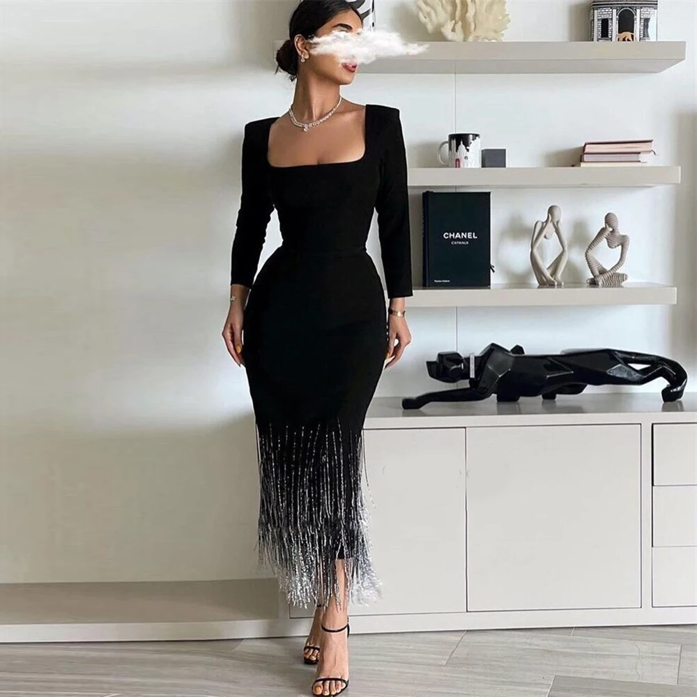 

Exquisite Black Square Collar Sheath Tassel Formal Prom Dresses Mermaind Ankle-Length Women Evening Party Dress