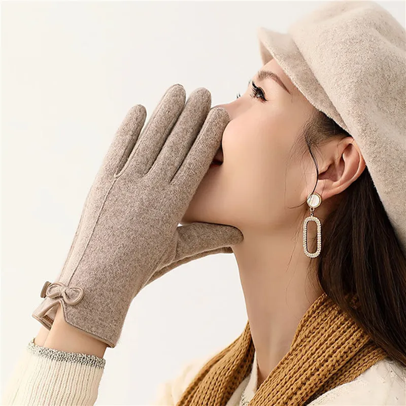

Winter Women Glove Knited Warm Leather Bow Driving Mitten Female Plush Thick Cycling Gloves Elegant Sweet Solid Color Glove