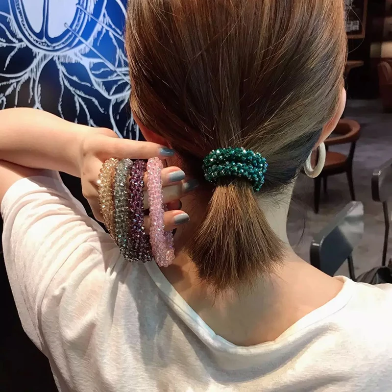 

Crystal Beads High Elastic Hair Bands for Women Glitter Hair Scrunchies Flower Bows for Girls Ponytail Holder Hair Accessories