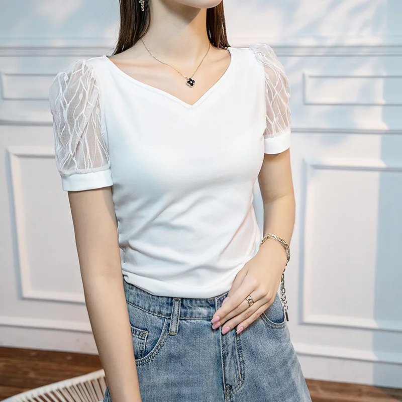 

#5063 Summer Black White Skinny T Shirt Women Puff Sleeve Spliced Mesh Basic T Shirt Female V-neck Office T-shirt Femme Elegant