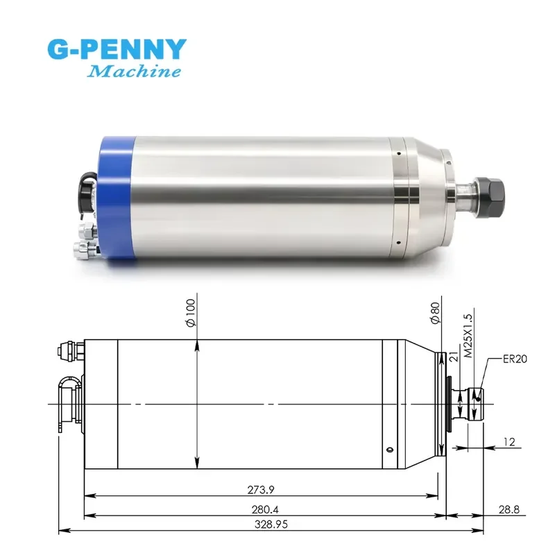 Фото Шпиндельный двигатель G-Penny 3.7 кВт ER20 D100 220В/380В с водяным охлаждением, пулевидный, с кронштейном 100 мм, 400 Гц, 24000 об/мин, 2-полюсный, 4 шт. №3
