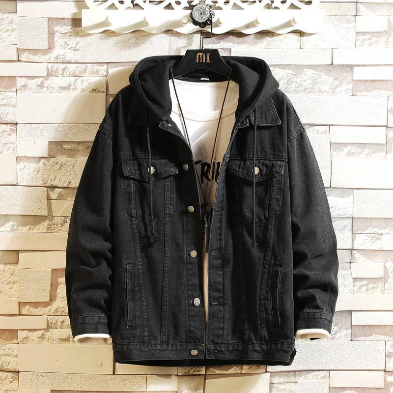 

Denim Jacket Men Hooded Casual Men Jean Jackets Streetwear Solid Color Turn Down Collar Denim Coats Men Jacktes Hat Detachable