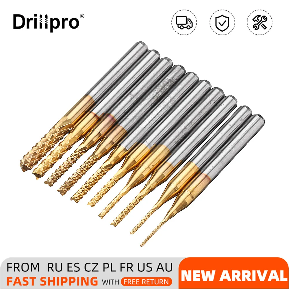 

Drillpro DB-M1 10Pcs 0.8-3mm Titanium Coated Engraving Milling Cutter Carbide Bits PCB Router Bits End Mill For CNC SMT Machine