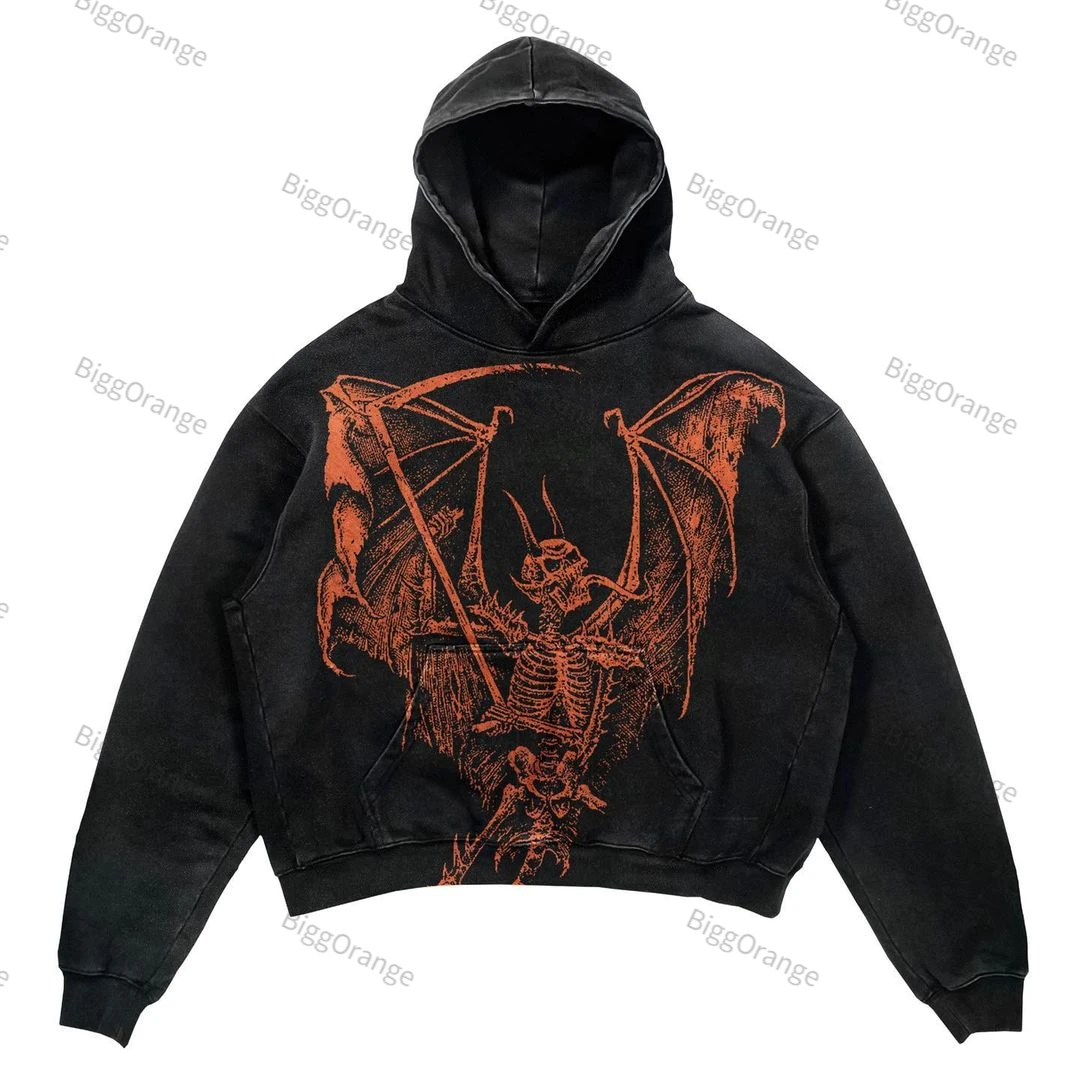 

New Skull Print Street Hip Hop Gothic Sweatshirt Men and Women Fashion Top Cotton Loose Retro Oversized Hoodie demon slayer