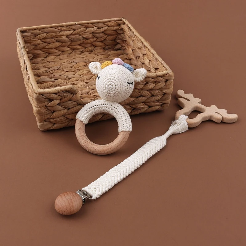 

1 Set Baby Newborn Knitted Cotton Deer Wooden Ring Teether+Pacifier Clip Chain Dummy Holder DIY Crochet Rattle Bracelet Soother